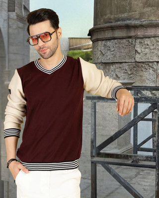 RIGO Colorblock V Neck Casual Men Maroon Sweater
