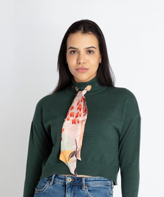 Status Quo Solid Turtle Neck Casual Women Green Sweater