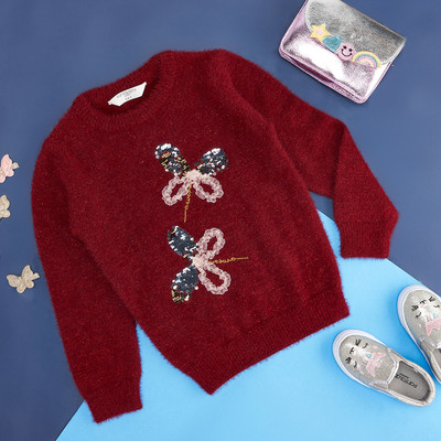 Pantaloons Junior Self Design Round Neck Casual Girls Maroon Sweater