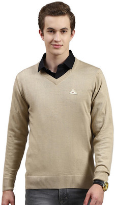 MONTE CARLO Solid V Neck Casual Men Brown Sweater