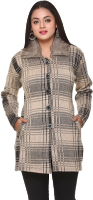 WOOL 4U Checkered Collared Neck Casual Women Brown Sweater