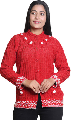 speed line hosiery Self Design Mandarin Neck Casual Women Red Sweater