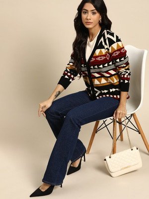 all about you Self Design V Neck Casual Women Multicolor Sweater