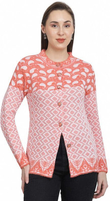 HITTIKA Geometric Print Round Neck Casual Women Pink Sweater