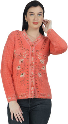 HITTIKA Floral Print V Neck Casual Women Pink Sweater