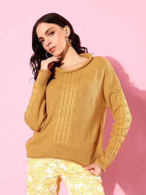 Roadster Self Design Round Neck Casual Women Brown Sweater