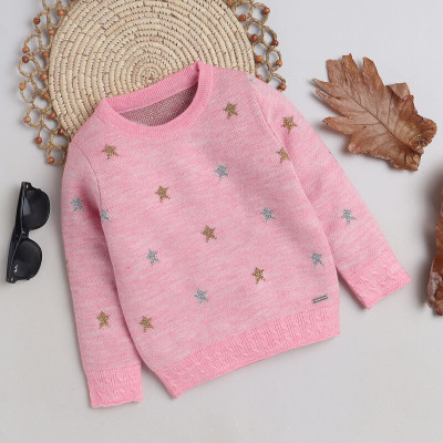 Yellow Apple Self Design Round Neck Casual Baby Girls Pink Sweater