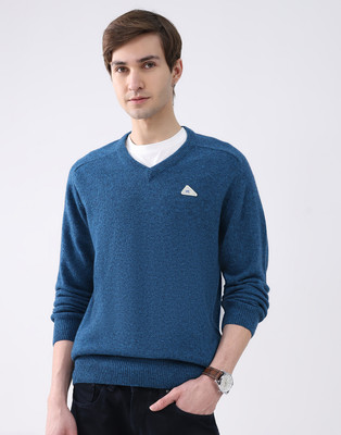 MONTE CARLO Solid V Neck Casual Men Blue Sweater