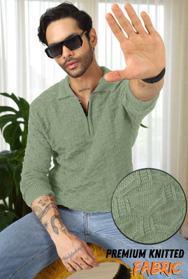 VERTICALS Self Design V Neck Party Men Green Sweater