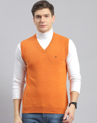 MONTE CARLO Solid V Neck Casual Men Orange Sweater