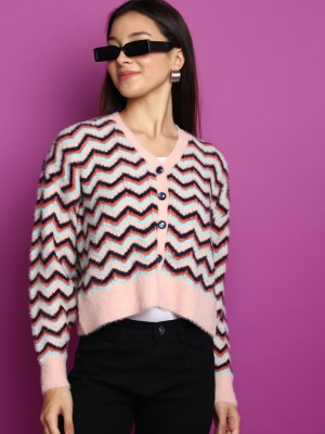 V-MART Self Design V Neck Casual Women Pink, Pink Sweater