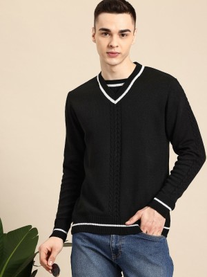 Mast & Harbour Solid V Neck Casual Men Black Sweater