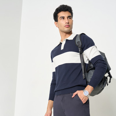 Peregrine by Pantaloons Striped Collared Neck Casual Men Blue Sweater