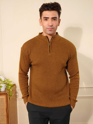 KVETOO Solid Collared Neck Casual Men Brown Sweater