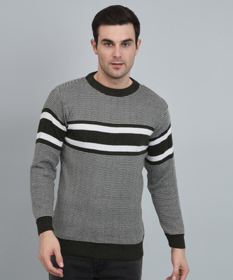 Krew Striped Round Neck Casual Men Dark Green Sweater