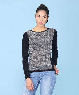 Wrangler Self Design Round Neck Casual Women Black, Grey Sweater