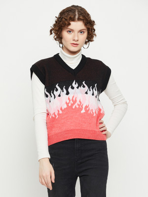 KASMA Printed V Neck Casual Women Multicolor Sweater