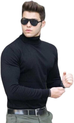 CRYSTALREVENUE Solid High Neck Casual Men Black Sweater