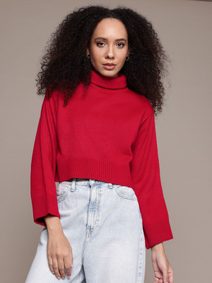Roadster Solid Turtle Neck Casual Women Red Sweater