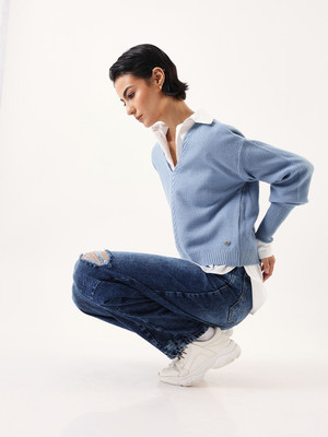 High Star Self Design V Neck Casual Women Blue Sweater