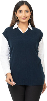 Louis Carlo Solid V Neck Formal Women Dark Blue Sweater