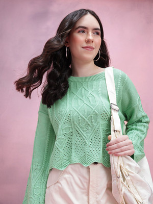 Dressberry Self Design Round Neck Casual Women Green Sweater