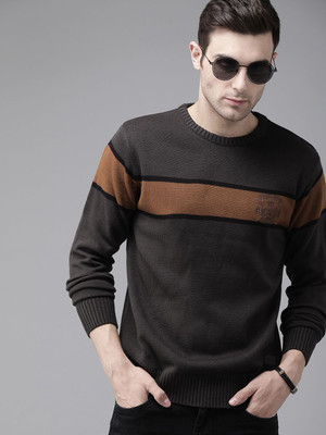 Roadster Striped Round Neck Casual Men Grey Sweater