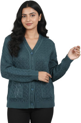 nageshwar Self Design V Neck Casual Women Blue Sweater