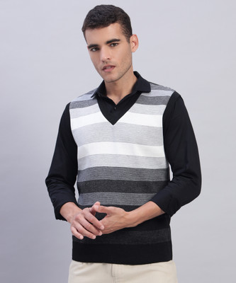MORKEL Striped V Neck Casual Men Black Sweater