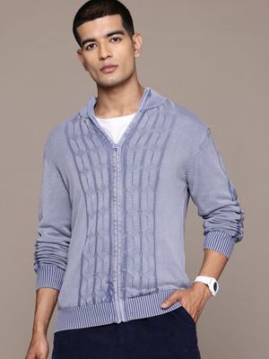 Roadster Self Design High Neck Casual Men Purple Sweater
