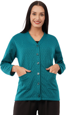 LE ARC Self Design V Neck Casual Women Green Sweater