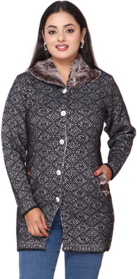 WOOL 4U Self Design Collared Neck Casual Women Black Sweater