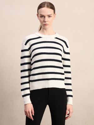 VERO MODA Striped Round Neck Casual Women White Sweater