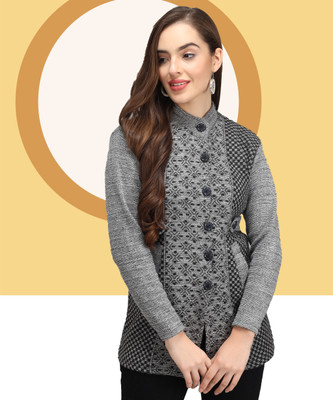 MOD YOUNG Printed Mandarin Neck Casual Women Grey Sweater