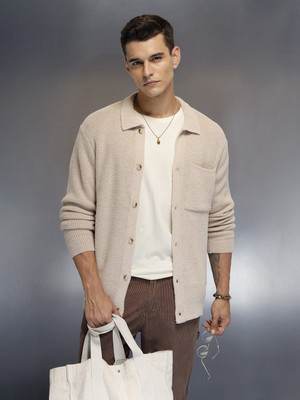 WROGN Solid Collared Neck Casual Men Beige Sweater