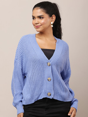 Nobarr Self Design V Neck Casual Women Blue Sweater