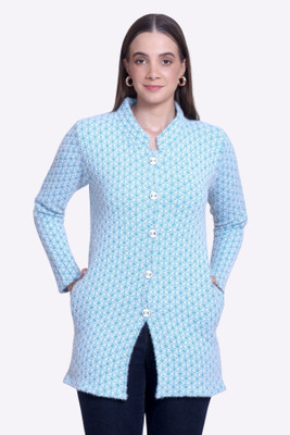 UNNIBERRY Printed Collared Neck Casual Women Light Blue Sweater