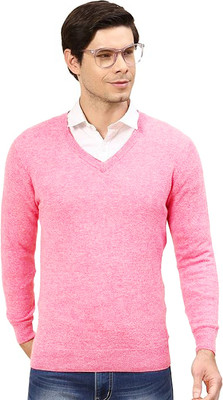 Life and style Solid V Neck Casual Men Pink Sweater