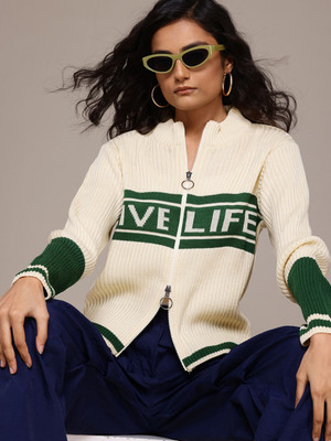 Roadster Self Design Round Neck Casual Women White Sweater