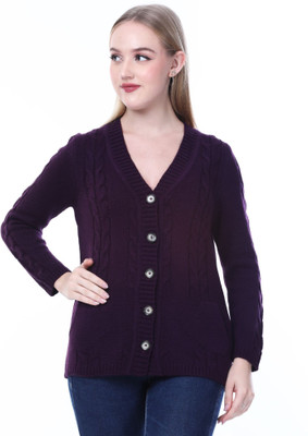 NOQUO Embellished V Neck Casual Women Purple Sweater