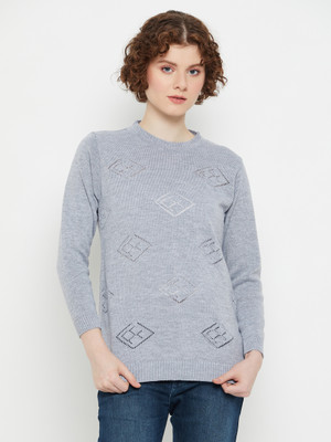 KASMA Self Design Round Neck Casual Women Grey Sweater