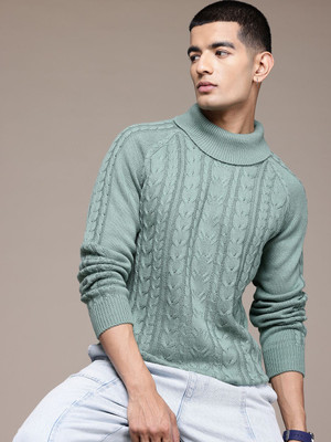 Roadster Self Design Turtle Neck Casual Men Green Sweater