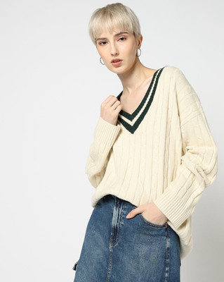 GAP Self Design V Neck Casual Women Beige Sweater