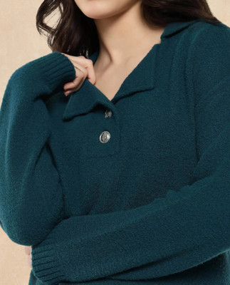 RAREISM Solid Collared Neck Casual Women Green Sweater