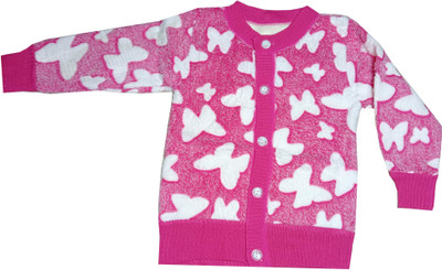 RUDRA KA Printed Round Neck Casual Baby Girls Pink Sweater
