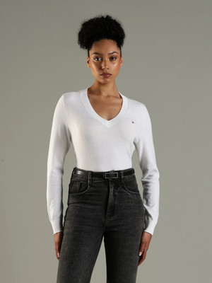 TOMMY HILFIGER Solid V Neck Casual Women White Sweater