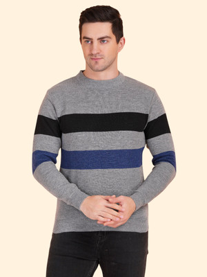 GLAUCUS Striped Round Neck Casual Men Grey Sweater