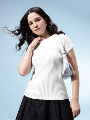 Glitchez Self Design Round Neck Casual Women White Sweater