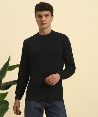CANBLAR Self Design Round Neck Casual Men Black Sweater