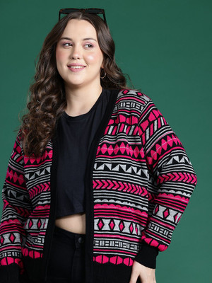 DressBerry Curve Self Design V Neck Casual Women Pink Sweater